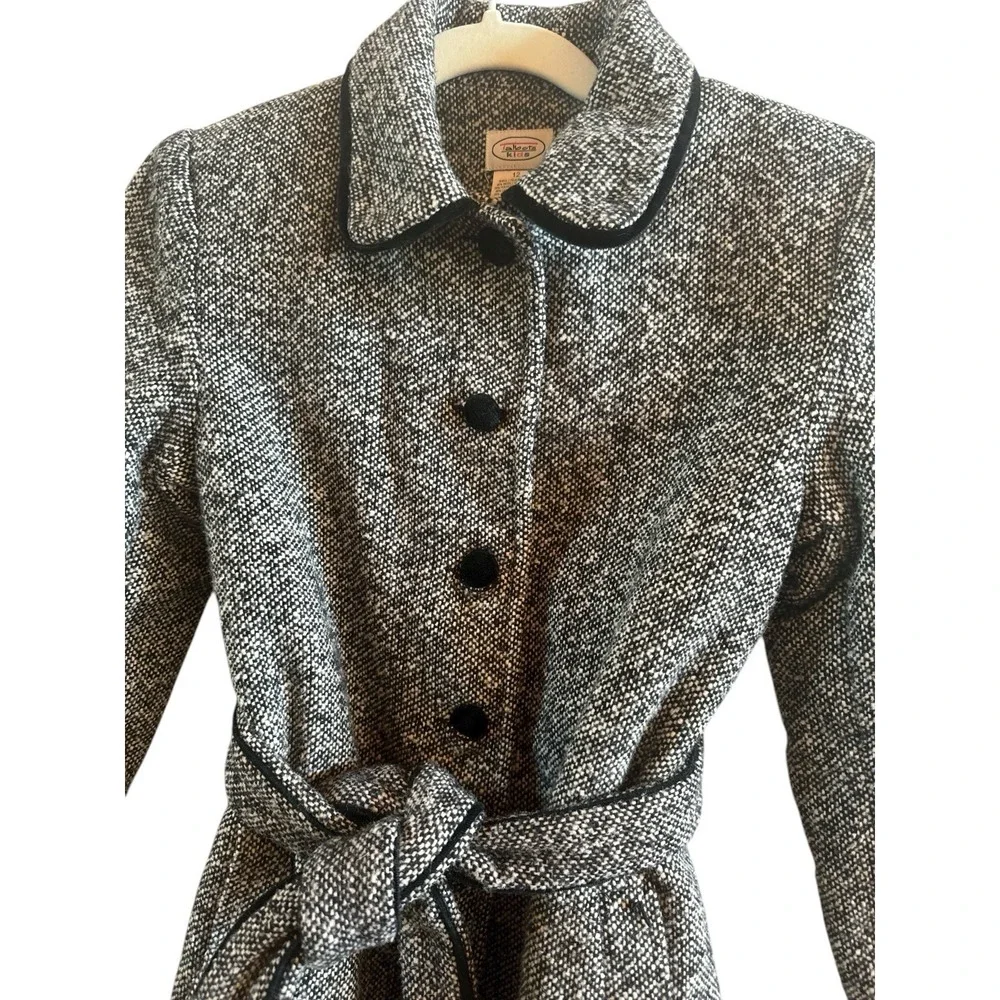 Talbots Kids Girls Size 12 Black White  Herringbone Wool Blend Knee Length  Coat